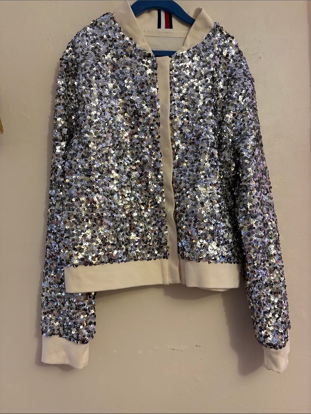 Tommy Hilfiger Silver Sequin Bomber Jacket with Cream Trim
